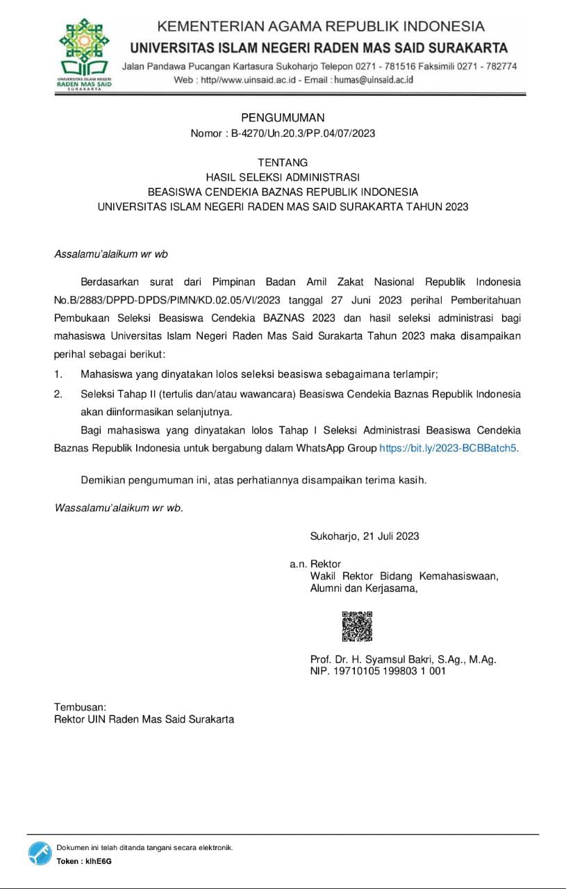 Hasil Seleksi Adm. Beasiswa Cendekia BAZNAS Republik Indonesia UIN RM Said Th. 2023